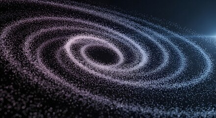 A mesmerizing cosmic spiral of glowing particles against a dark background, illuminated by a distant light source, creating an abstract celestial scene.