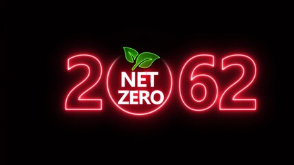 Net zero emissions by 2062 to change climate and net zero greenhouse gas emissions target. Aerial of Net zero environment sustainable development concept. Neon net zero goal achieved.4k video