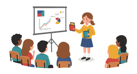 Young student girl giving a presentation in front of her classmates detailed illustration featuring learning, character, confidence, talking,