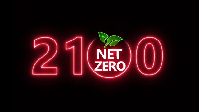 Net zero emissions by 2100 to change climate and net zero greenhouse gas emissions target. Aerial of Net zero environment sustainable development concept. Neon net zero goal achieved.4k video