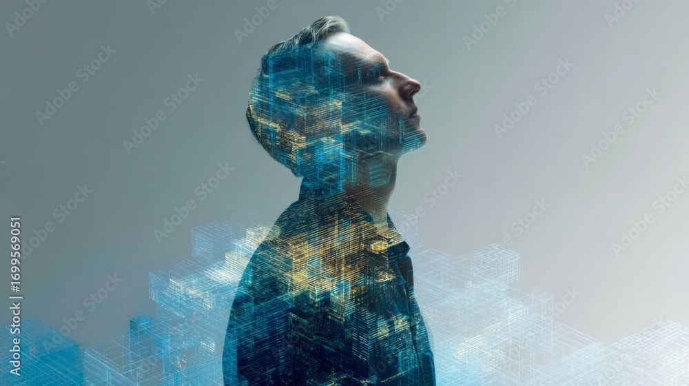 Poster double exposure portrait of a man silhouette with microchip pattern and urban concepts background fo