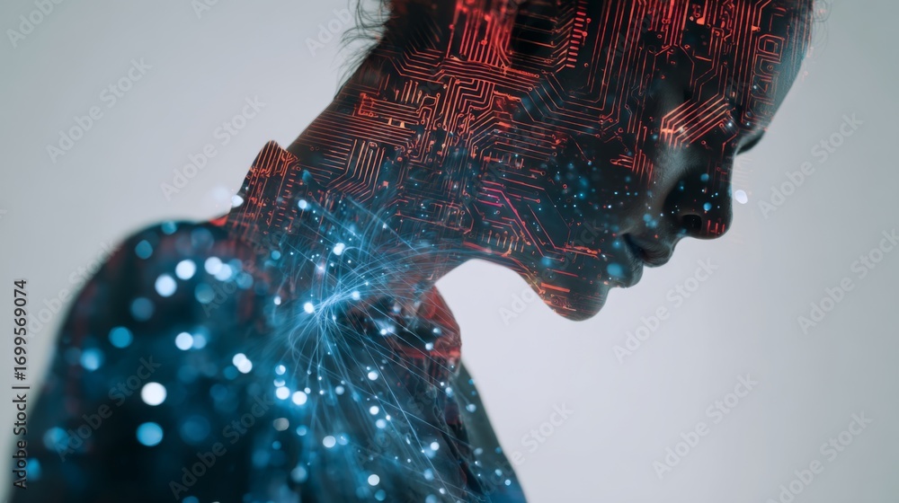 Poster artistic double exposure silhouette of a man with microchip patterns and glowing lights on a neutral