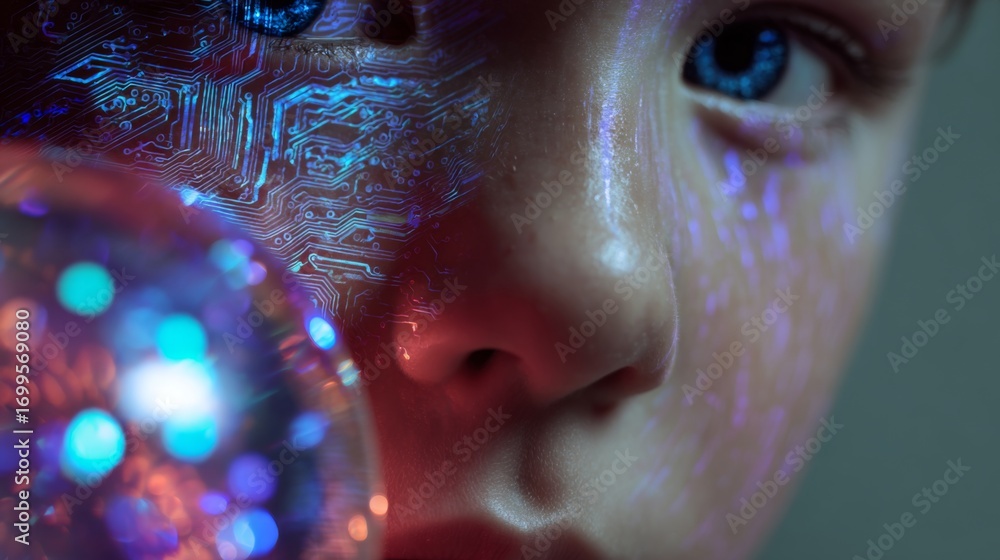 Poster futuristic double exposure of child's face with circuit patterns and abstract light reflections