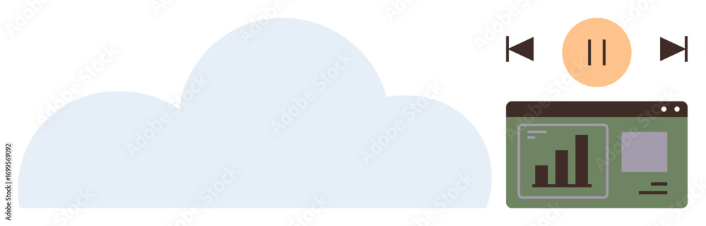 Poster cloud icon beside analytics dashboard with bar graph and media playback controls. ideal for cloud co