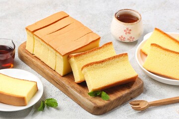 Castella or Kasutera is a Japanese sponge cake, rectangular in shape made from sugar, eggs, wheat flour, and mizuame (liquid sugar).