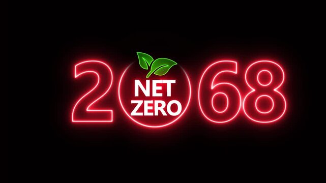 Net zero emissions by 2068 to change climate and net zero greenhouse gas emissions target. Aerial of Net zero environment sustainable development concept. Neon net zero goal achieved.4k video