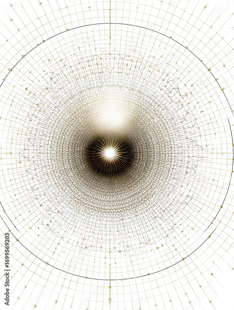 Poster abstract circular design featuring intricate grid patterns and luminous central points in a dark bac