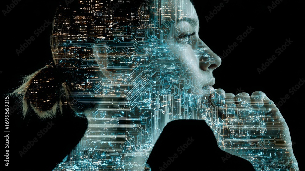 Poster captivating double exposure of a silhouette merging with circuit board lines in a tech-inspired arti