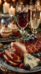 A beautifully arranged festive table featuring sliced ham, gourmet cheese, red wine, and desserts. The setting includes elegant glassware and candlelight, perfect for a holiday celebration.