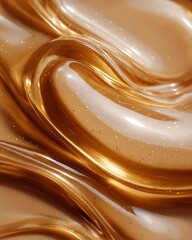 An abstract close-up of swirling golden caramel texture with shimmering highlights, showcasing a glossy and luxurious surface, ideal for modern design and elegant backgrounds.