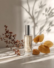 A sophisticated still life composition featuring a glass perfume bottle elegantly placed among autumn leaves with artistic shadows highlighting its graceful design, capturing a sense of luxury and nat