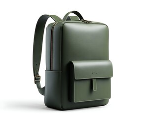 Image of a sleek green leather backpack with a front pocket, presented against a white background. Suitable for fashion and accessories use.