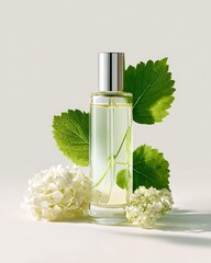 An elegant perfume bottle is showcased alongside white flowers and almonds on a marble surface, creating a fresh and natural beauty aesthetic.