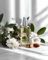An elegant perfume bottle is showcased alongside white flowers and almonds on a marble surface, creating a fresh and natural beauty aesthetic.