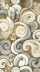 A detailed abstract pattern featuring hand-drawn swirls and intricate lines in neutral tones, creating a visually appealing and textured artistic design.