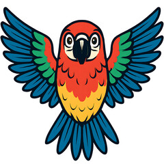 Obraz premium Vibrant cartoon macaw parrot with colorful feathers and spread wings. A cheerful exotic bird illustration isolated on a white background for a tropical design concept