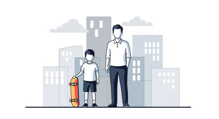Father and Son with Skateboard Standing in Front of City Buildings Silhouette