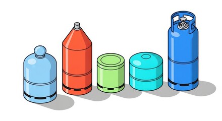 Isometric illustration featuring an assortment of gas cylinder tanks