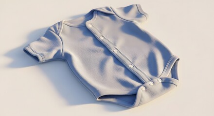 A soft, light blue short-sleeved baby onesie with snap buttons lies on a simple white background, casting a gentle shadow.
