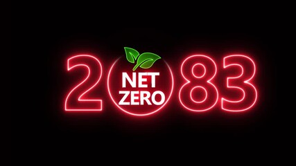 Net zero emissions by 2083 to change climate and net zero greenhouse gas emissions target. Aerial of Net zero environment sustainable development concept. Neon net zero goal achieved.4k video