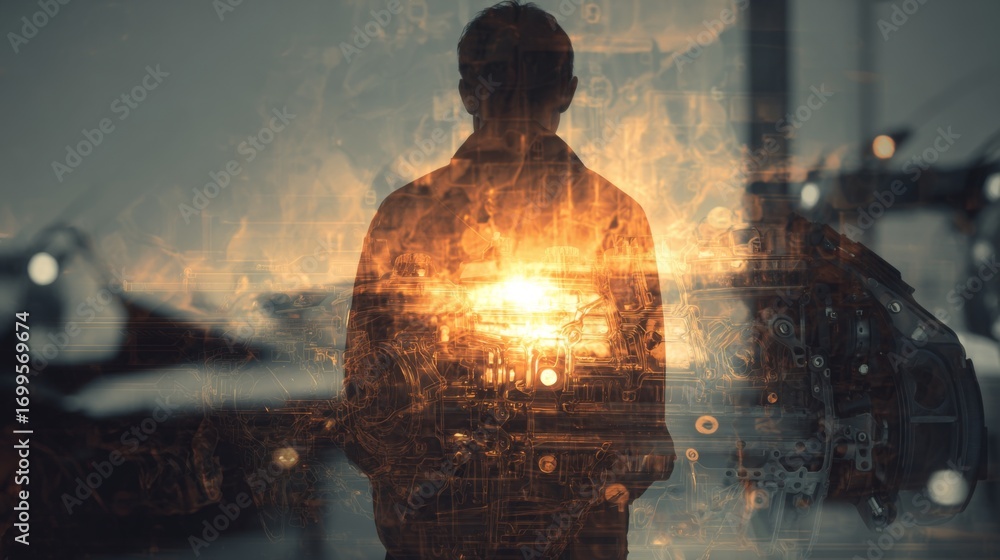 Poster double exposure silhouette of mechanic with engine elements and glow effects in automotive setting