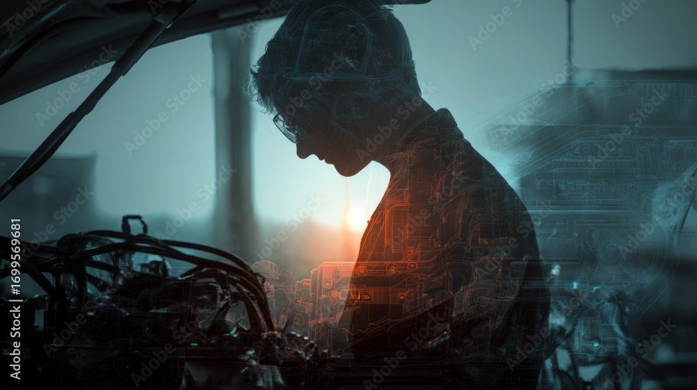 Poster double exposure portrait of a mechanic silhouette working on an engine with abstract technology back