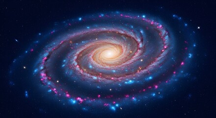 A magnificent spiral galaxy with a luminous golden core and swirling blue arms containing pink star-forming regions.