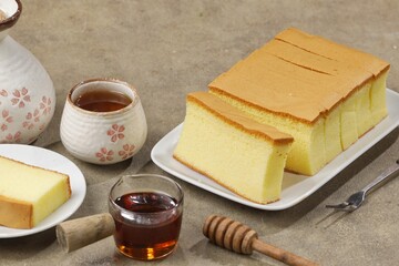 Castella or Kasutera is a Japanese sponge cake, rectangular in shape made from sugar, eggs, wheat flour, and mizuame (liquid sugar).