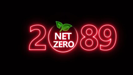 Net zero emissions by 2089 to change climate and net zero greenhouse gas emissions target. Aerial of Net zero environment sustainable development concept. Neon net zero goal achieved.4k video