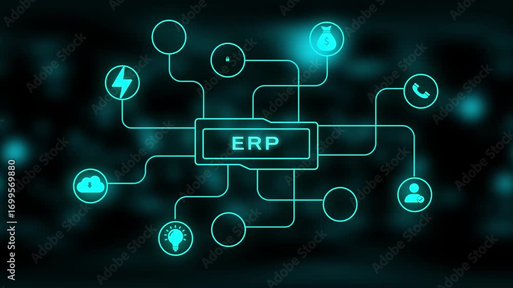 Poster abstract network diagram with central ' erp' node and connected circles on dark blurred background