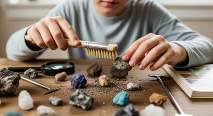 Young geologist explores diverse mineral collection with focused intent