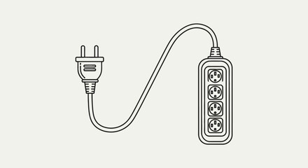 Minimalist line art illustration of a power strip extension cord with multiple sockets for distributing electricity and connecting electronic devices