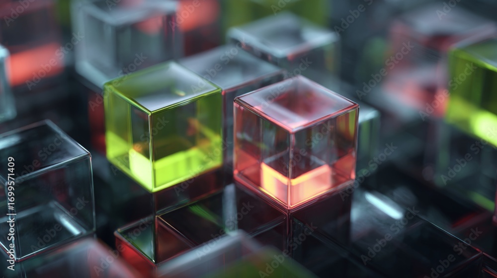 Poster abstract 3d composition of transparent cubes in various color tones with depth and reflections