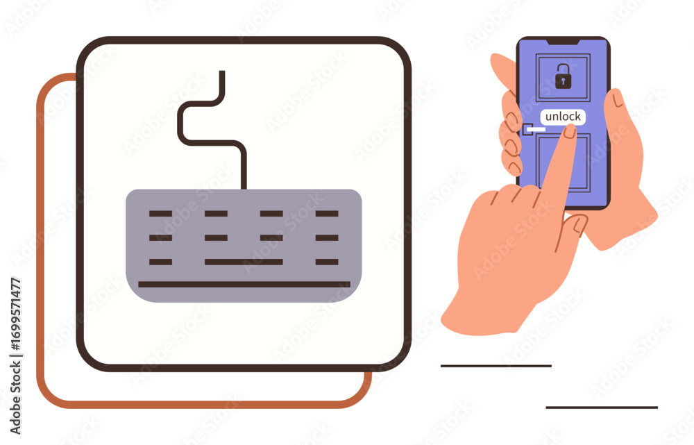 Poster hand pressing unlock button on smartphone screen beside keyboard icon emphasizing cybersecurity. ide