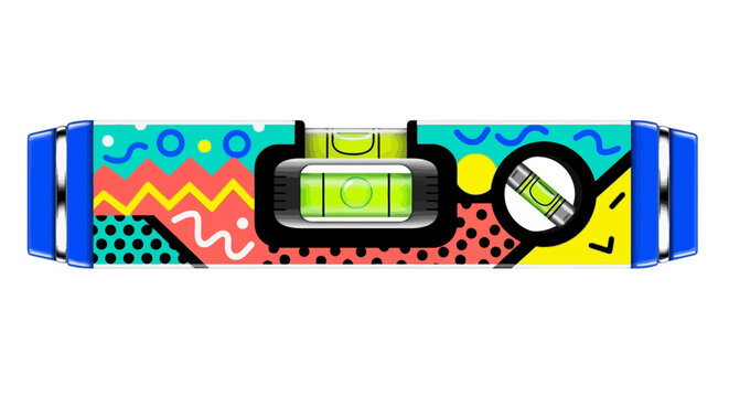 A unique spirit level tool featuring a vibrant and colorful retro geometric pattern, representing a blend of precision and creative design