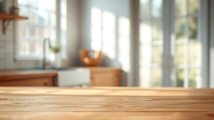 A wooden kitchen table bathed in warm morning sunlight, creating a serene and inviting atmosphere.