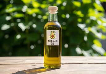 Avocado oil bottle on wooden table outdoors with sunlight &ndash; ideal for natural health and culinary uses