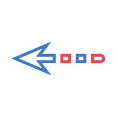 Blue and red dashed arrow pointing left icon.