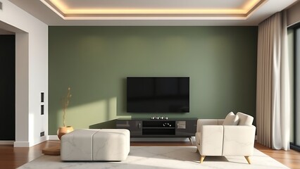 Contemporary living space with a muted green accent wall and abstract marble-textured furniture.