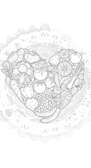 Heart Shape Filled With Fresh Fruits and Vegetables on Decorative Mandala Background