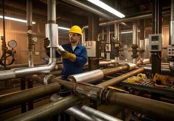 Industrial technician installing thermal insulation in boiler room for energy efficiency improvement