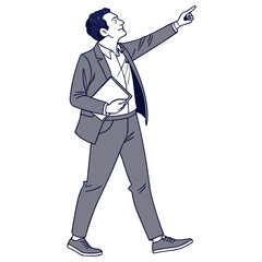 A confident businessman in a suit pointing upwards and holding a tablet while walking