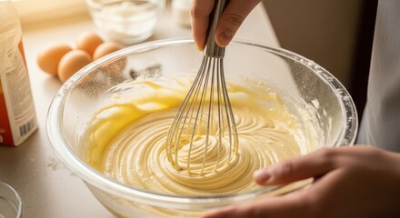 Mixing Cake Batter with Whisk in Glass Bowl for Baking Project