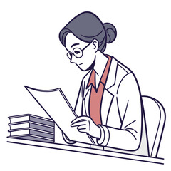 A focused woman wearing glasses and a lab coat reads documents at a desk with books