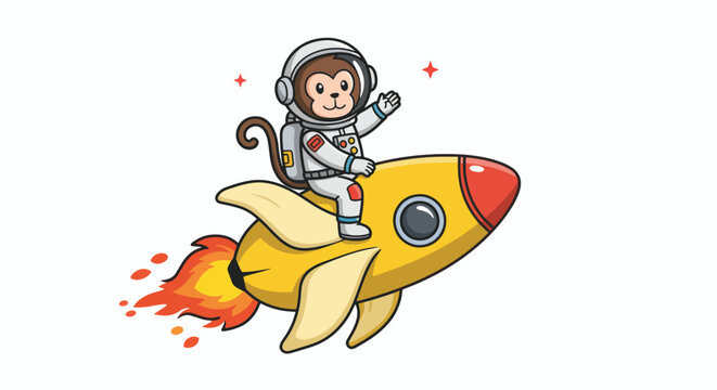A cartoon monkey in an astronaut suit rides a bananashaped rocket