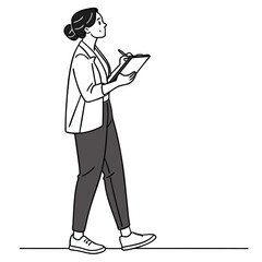 A woman in casual business attire walks while holding a clipboard and writing with a pen