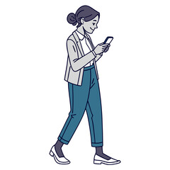 Fototapeta premium A young businesswoman in professional attire walking and looking at her smartphone with a smile