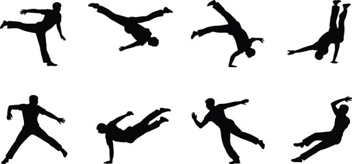 Breakdance silhouette collection, hip hop dancer vector set, street dance moves illustration, urban dance graphic design, performing dancers artwork, isolated black figures