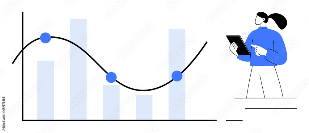 Aufkleber line graph with data points overlaying bar chart. woman reviewing analytics on a tablet. ideal for d