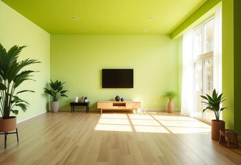 Fototapeta premium Vast empty green living room, natural light streams in, chair, wallpaper